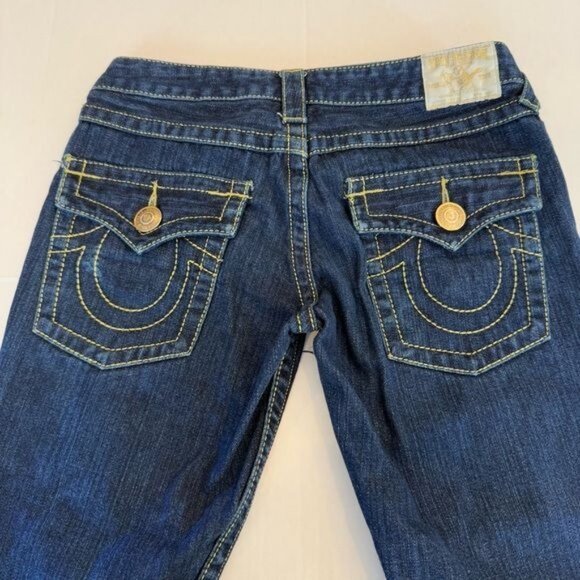 True Religion Jeans Joey Big T Flare Twisted Leg Size 27 Waist Denim Gold Stitch - Picture 5 of 13